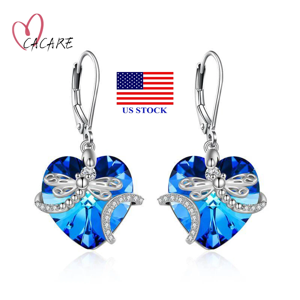 

Sterling Silver Heart Drop Earrings with Blue Crystal Gifts for Girls Women Novelties Jewelry F1283 Cowboy Earrings