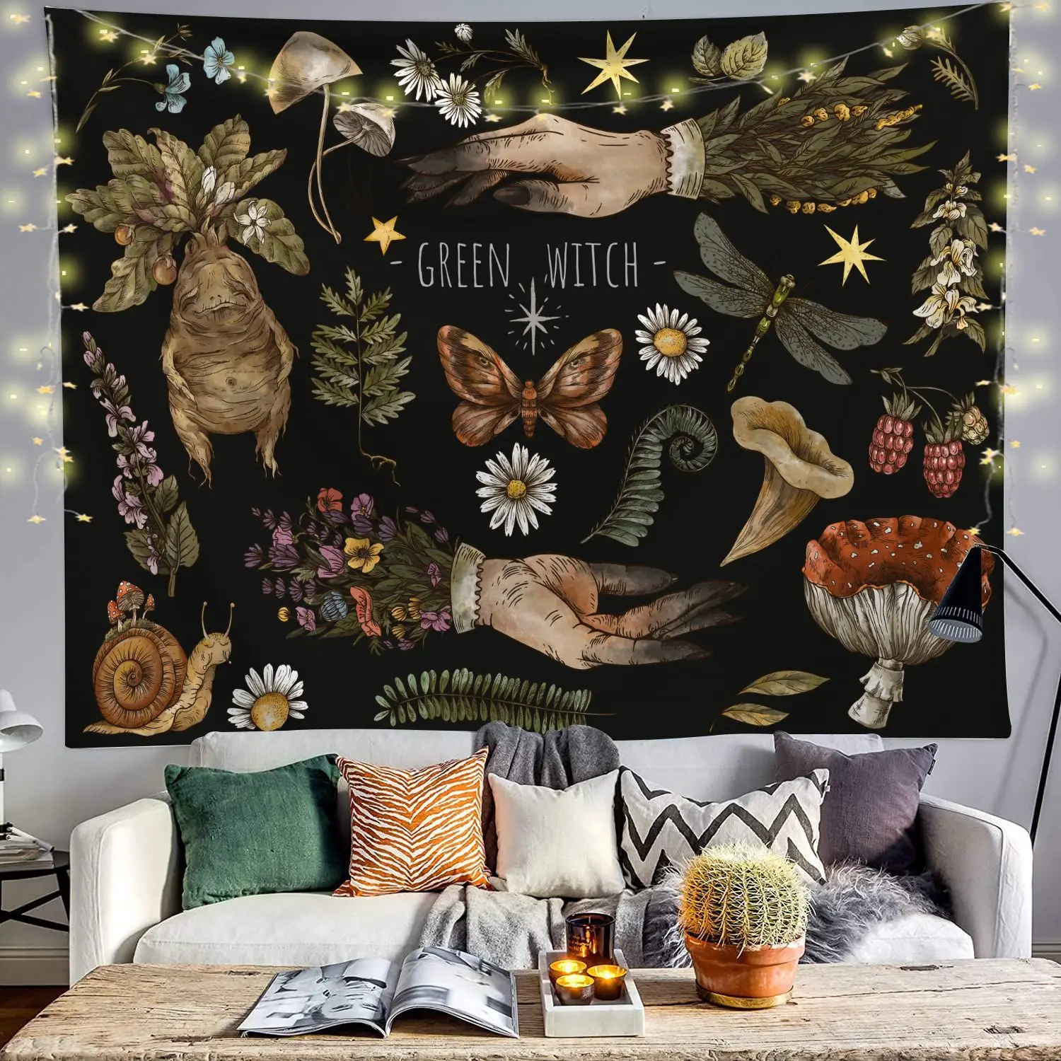 

Vintage Green Witchcraft Tapestry Sun Wall Hanging Botanical Floral Wall Tapestry Hippie Flower Wall Carpets Dorm Decor