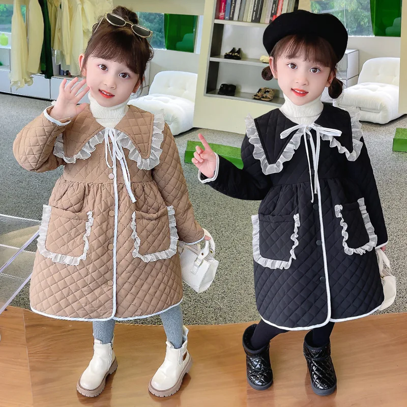 Купи Winter Girls Coat Baby Jacket Children Outwear Kids Clothes Petal Collar Lacing Geometric Cotton Padded Warm Children's Clothes за 1,116 рублей в магазине AliExpress