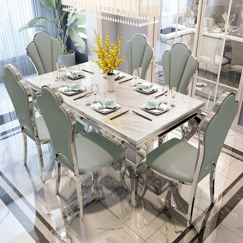 

Роскошный мраморный обеденный стол и стул в европейском простом современном стиле для семейной гостиной маленькой квартиры прямоугольный