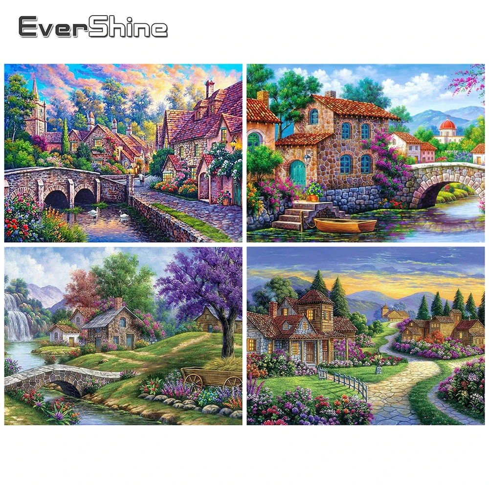 

EverShine 5D DIY алмазная мозаика дом картина из страз алмазная вышивка мост пейзаж живопись дерево кустарный хобби