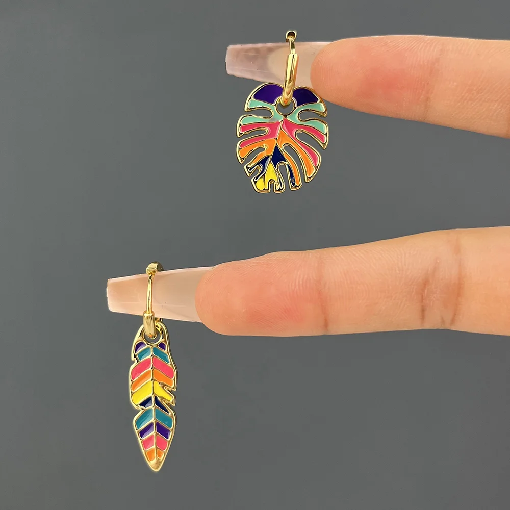 New Enamel Green Cactus Rainbow Leaf Pendant Earrings for Women Gold Color Huggies Hoop Earrings Girls Jewelry Wholesale Gift