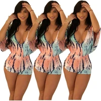 zh2018 summer jumpsuit womens sexy streetwear fashion color deep v flare sleeve jumpsuit shorts womens nightclub
