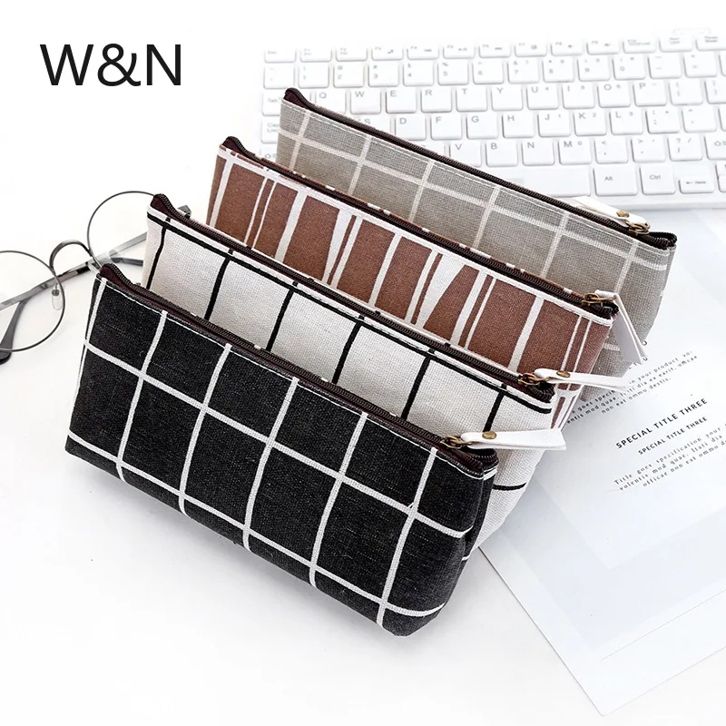 

Canvas Pencil Case for Boys Girls School Simple Striped grid Solid Color Cute Kawaii Pencil Bag Pouch Office Students Supplies
