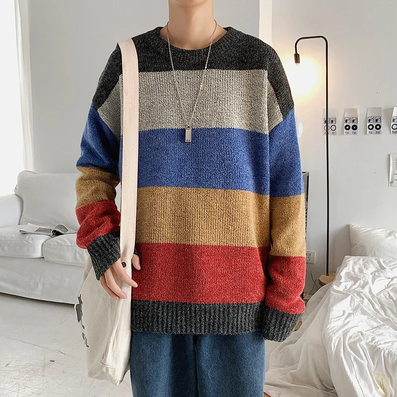 

Men's Tops 2022 Striped Contrast Sweater Men's High Street Trend Men's Loose Round Neck Knit Sweater Tops
