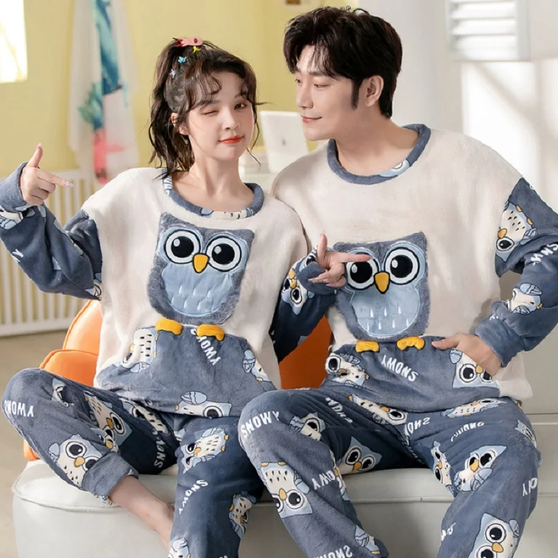 32 Style New Warm Flannel Plush Winter Couple Pajama Sets Long Sleeve O-Neck Pyjamas For Women Men Lover Clothing Sweet Cartoon images - 6
