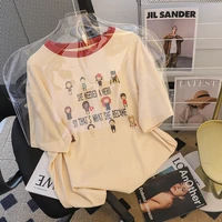 cotton apricot short sleeved t shirt summer 2022 mid length loose cartoon print round neck streetwear y2k tops graphic tees