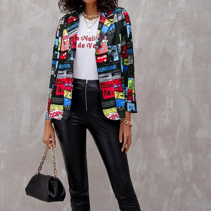 New Fashion Newspaper Printing Retro Casual Streetwear Ladies Suit Jacket Spring Plus Size Top Jacket Elegant Ladies Fashion