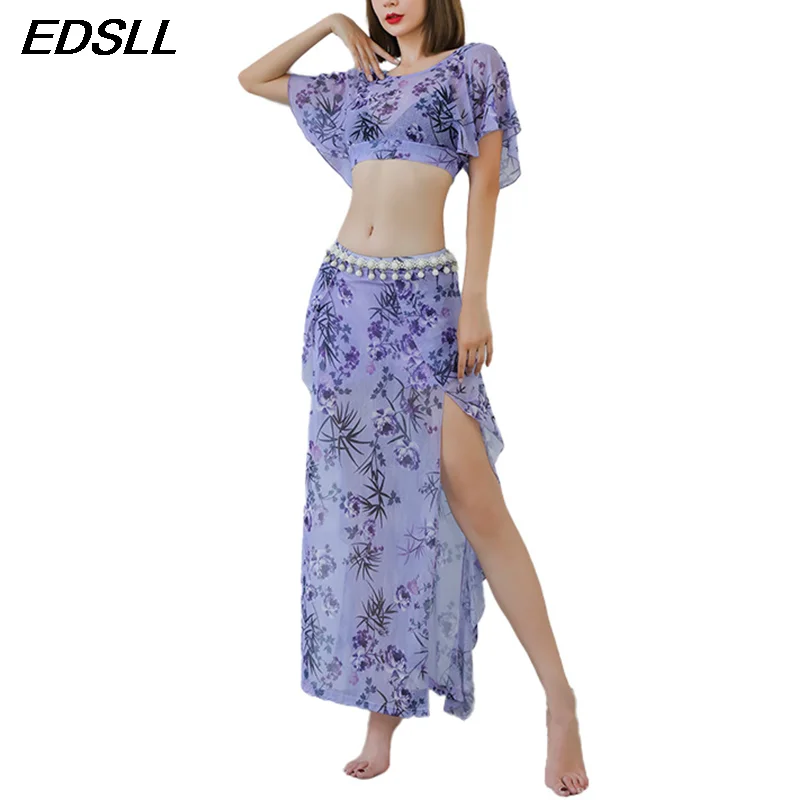 

Women Sexy Belly Dance Printed Crop Top Skirt Suit Belly Dancing Skirt SetTops with Split Skirt Adults Practice Training Suit