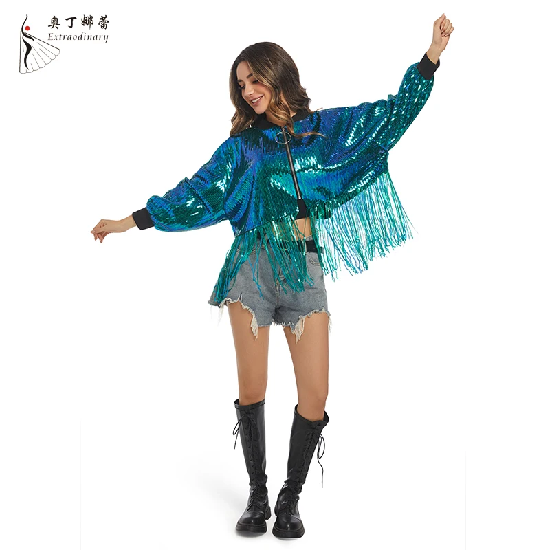 Женские куртки с кисточками и блестками длинным рукавом молнией спереди