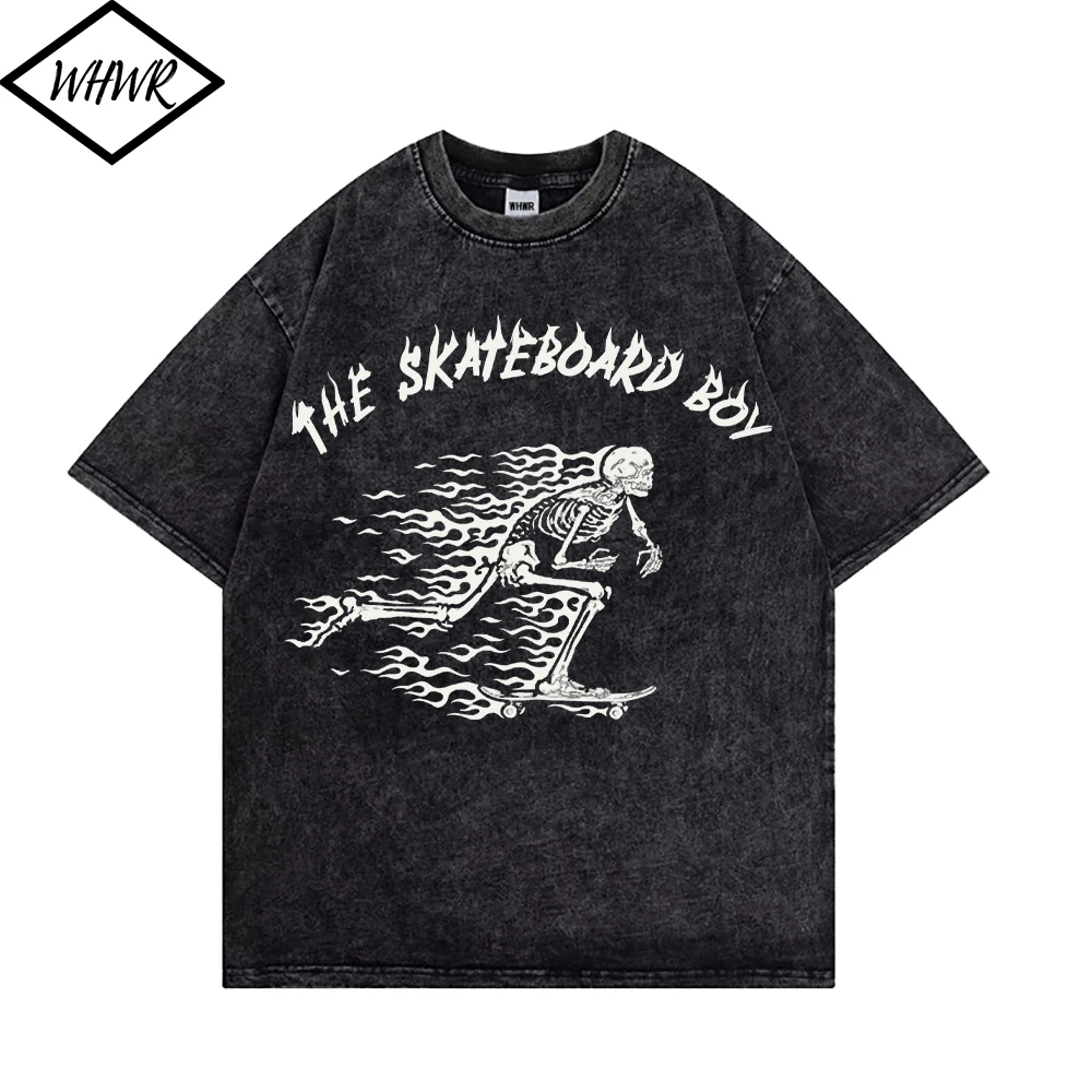 

WHWR Casual Y2K Men's T Shirt THE SKATEBOARD BOY Skull Graphic Printed T-shirt Summer Wash Cotton Tops for Men Retro Tees