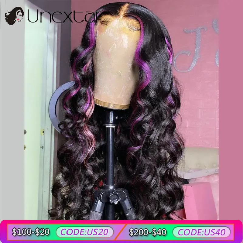 Unextar Highlight Purple 13X4 Loose Wave Human Hair Lace Frontal Wig Brazilian Remy Hair Transparent Lace Front Wigs for Women