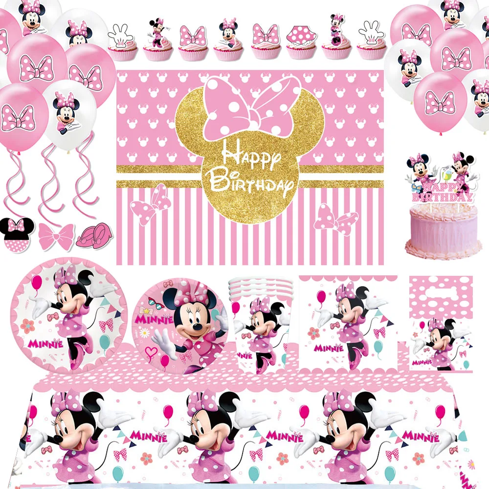 

Cartoon Pink Disney Minnie Birthday Party Decorative Disposable Tableware Paper Cup Plate Background Baby Shower Girl Kid Gift