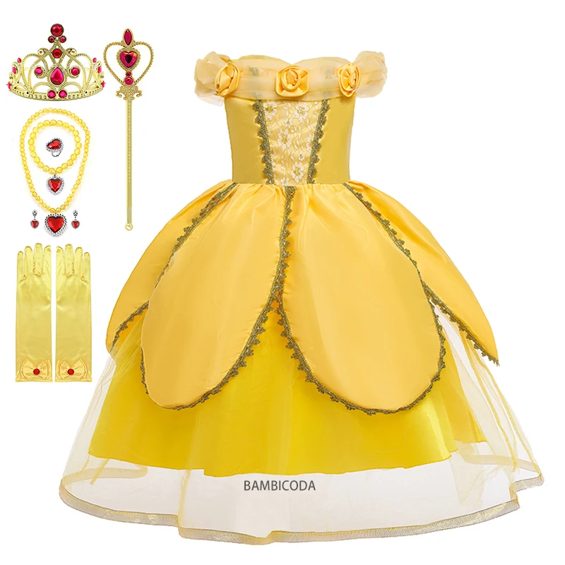 

Платье принцессы для девочек, детское цветочное бальное платье, Детский костюм для косплея Bella Красавица и чудовище, необычная вечеринка с в...