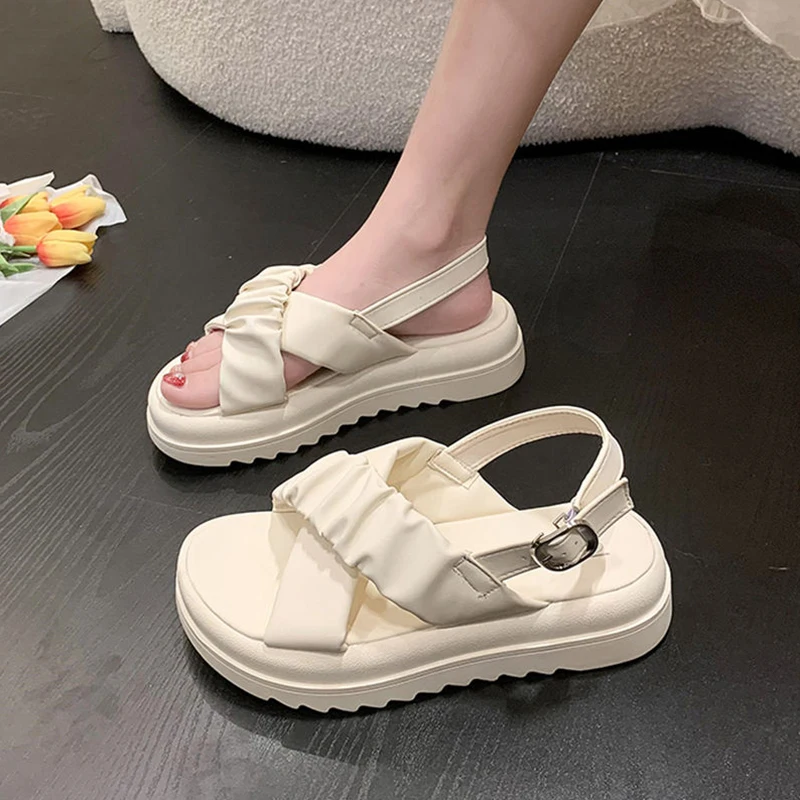 Female Sandal Muffins shoe Clear Heels Med All-Match 2023 Women's Cross Clogs Wedge Buckle Ladies Shoes Summer Girls Flat Medium