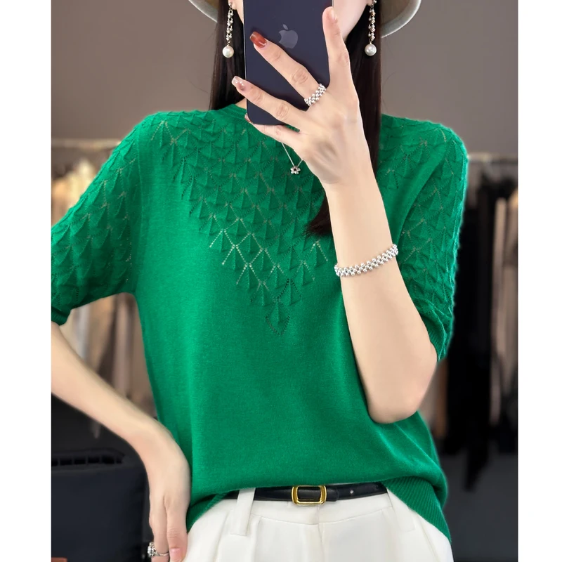 

Women's T-shirt Summer New Hollow Sweater Short Sleeve Casual Knitwear Round Neck Ladies Tops Blouse Overside Pullover Tees