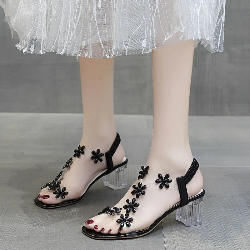 

Стразы, 2022, женские летние сандалии на массивном каблуке со стразами, Модные прозрачные туфли на среднем каблуке в сказочном стиле