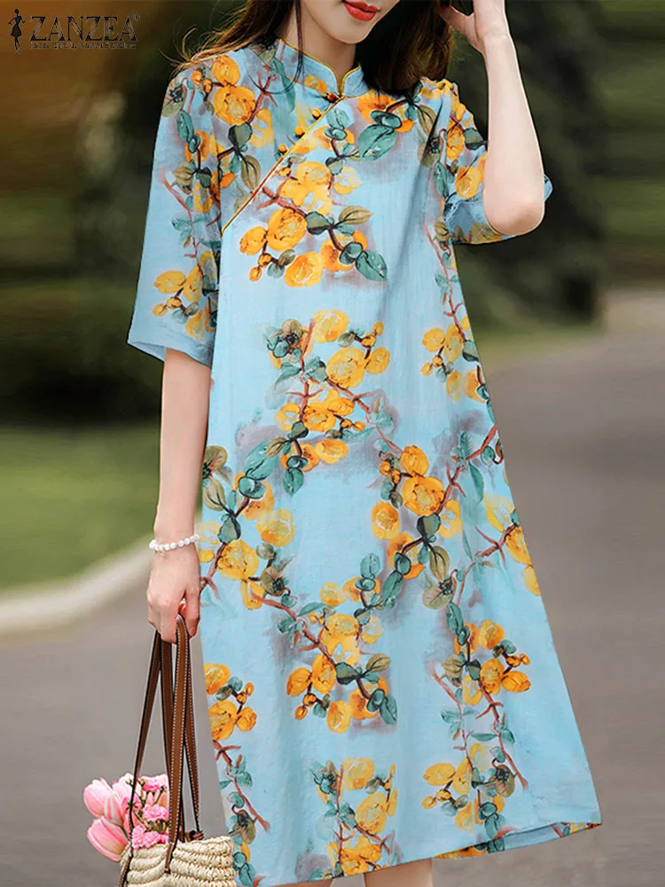 ZANZEA Flower Printed Loose Midi Dress Retro Stand Collar Long Robe Chinese Style Vintage Cheongsam Dress Women Casual Dresses