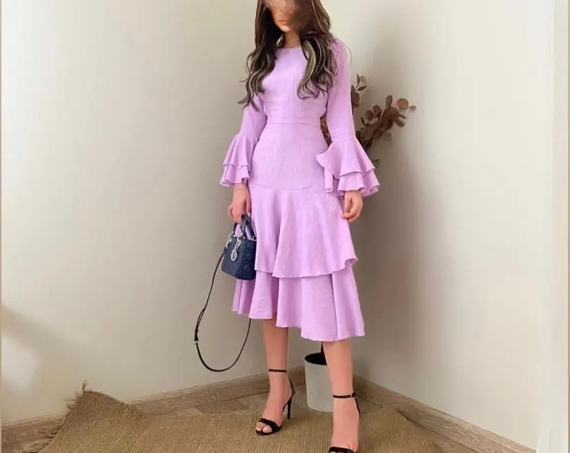 

OIMG сиреневое сдержанное хлопковое конопляное матовое вечернее женское платье с длинными рукавами и круглым вырезом Длинные платья длиной ниже колена для Саудовской Аравии