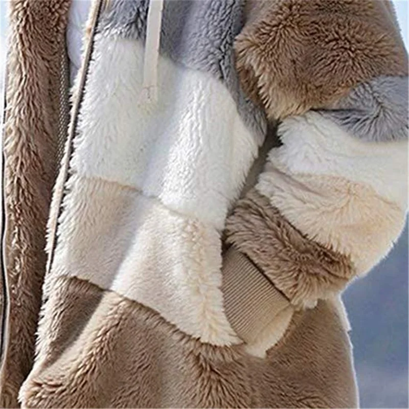 Women Hooded Jackets Winter Fleece Warm Zipper Casual Patchwork Coats Faux Fur Long Cardigan Jacket Womens Relaxed Warm Outerwer