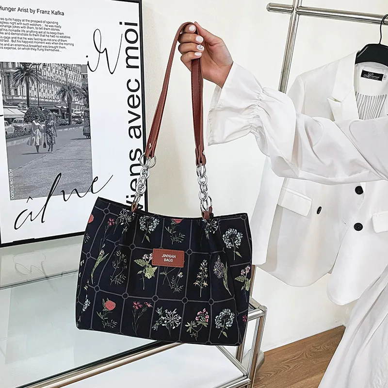 

Винтажные вместительные сумки через плечо для женщин, модные холщовые тоуты с цветочным узором, большие размеры, шоппер