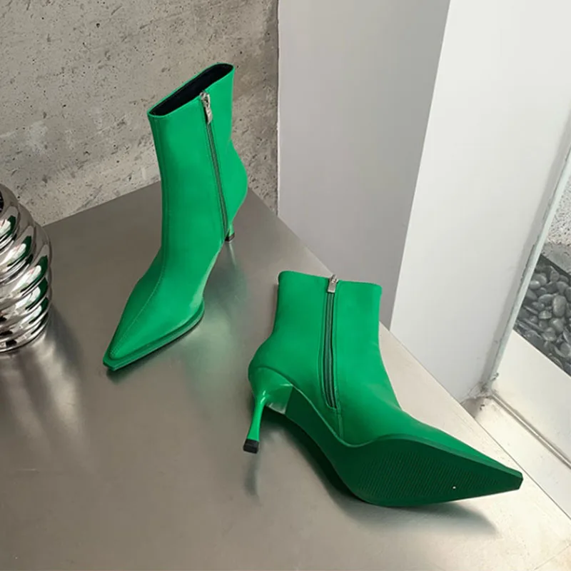 

Winter New Brand Women Ankle Boots Fashion Green Pink Pointed Toe Ladies Short Boots Med Heel Dress Chelsea Botas Mujer 2023