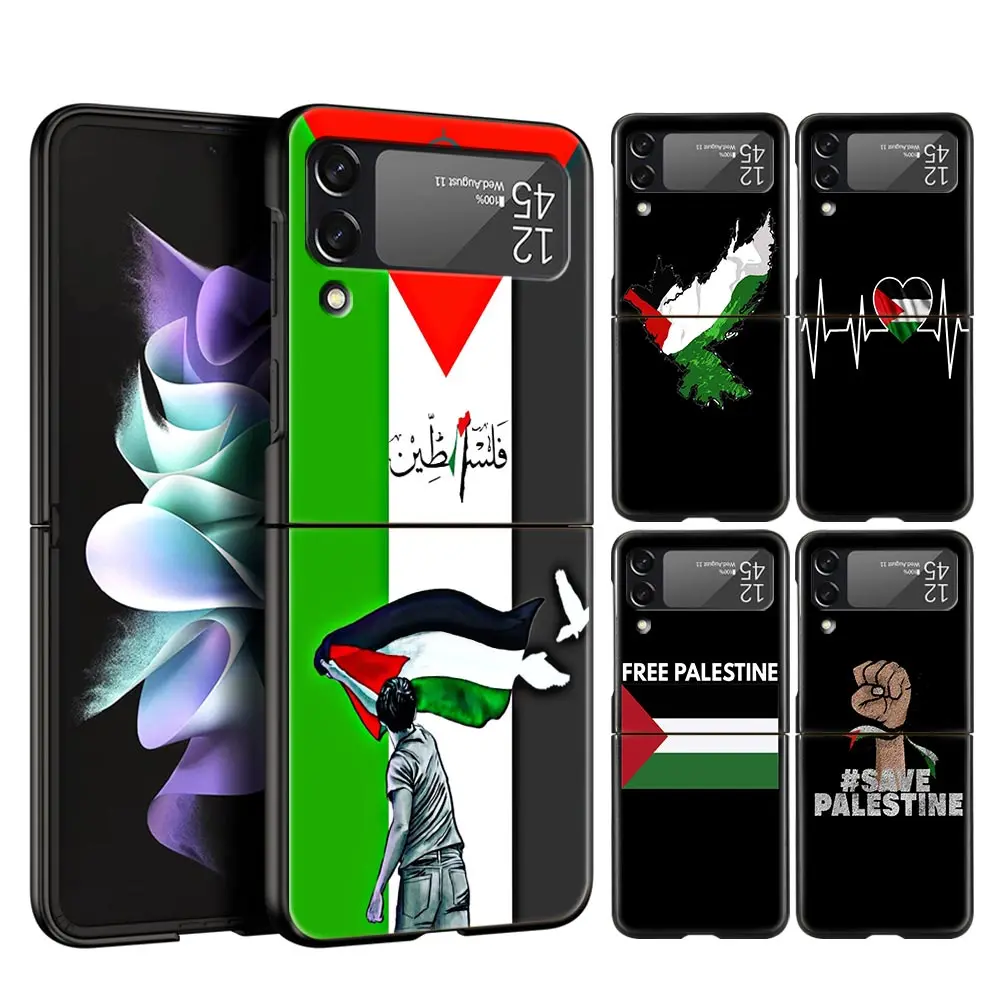 

For Samsung Galaxy Z Flip 3 4 5G Hard Black Folding PC Phone Case Freedom Palestine Flag Luxury For Samsung Z Flip3 Back Cover