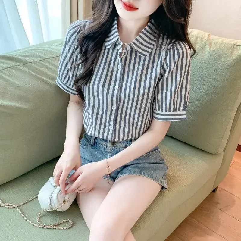 Модная полосатая рубашка женская с пышными рукавами лето 2024 новый свободный топ