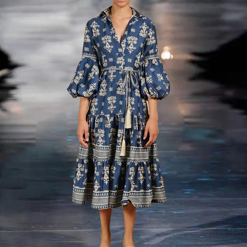 

Vintage Print Women Puff Sleeve Dress Fashion Turn-Down Collar A-Line Dresses