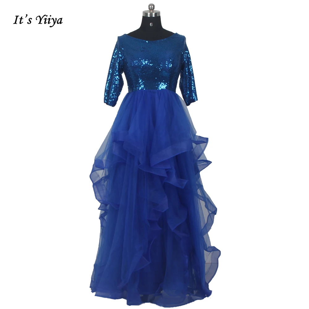 

It's YiiYa Evening Dress Royal Sequins Tulle O-neck Half Sleeves Tiered A-line Floor Length Plus size Women Party Dresses LX1398
