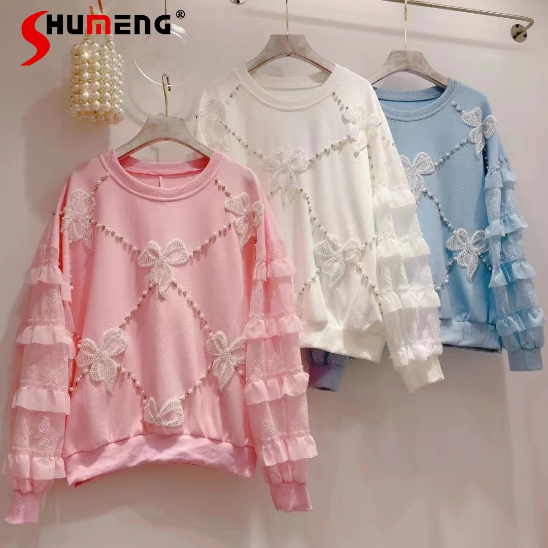 

European 2022 Spring fall New Female Fashion Sweet Beads Bow Sweatshirt Women Fairy Loose Cake Sleeve Plaid Pullover Hoodie Top