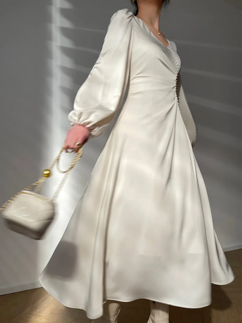 2023 new Elegant Dress Female Clothing Style For Women V Neck Lantern Sleeve High Waist Solid Ruched Minimalist Midi Dresses