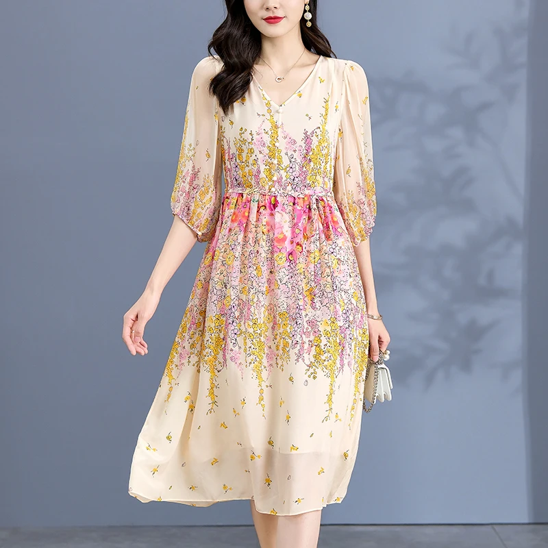 

Женское длинное платье-миди из натурального шелка, элегантное ТРАПЕЦИЕВИДНОЕ ПЛАТЬЕ С V-образным вырезом, рукавом три четверти и цветочным принтом, Лето-Осень 100%