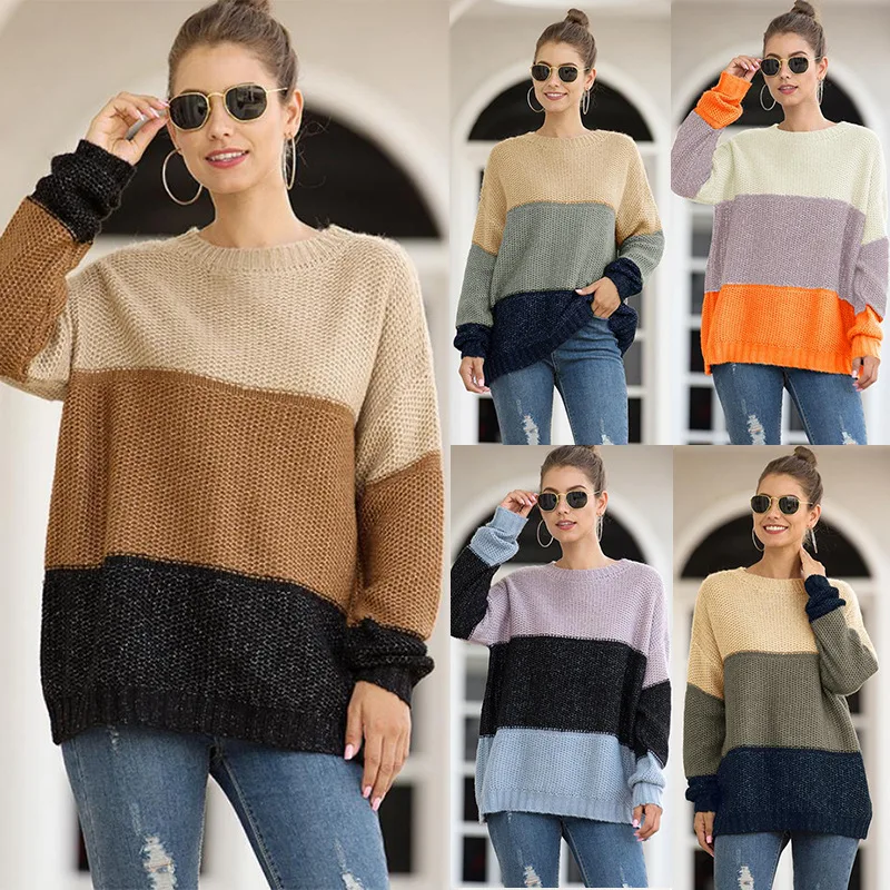 

Autumn and Winter New Fashion Striped Colored Pullover Sweater Women's Coarse Yarn Sweater