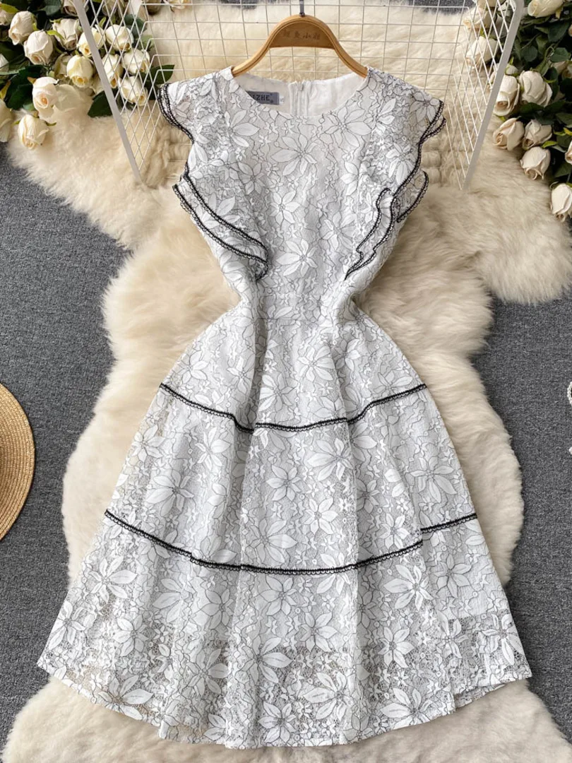 

Elegant Lady Summer Dress Women 2022 Fashion Lace Dress O-neck Sleeveless Ruffles Slim A-line Casual Female Short Party Dresses