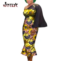 dashiki african dresses for women floral print one shoulder flare sleeve wedding dress elegant patchwork lady clothes wy9702