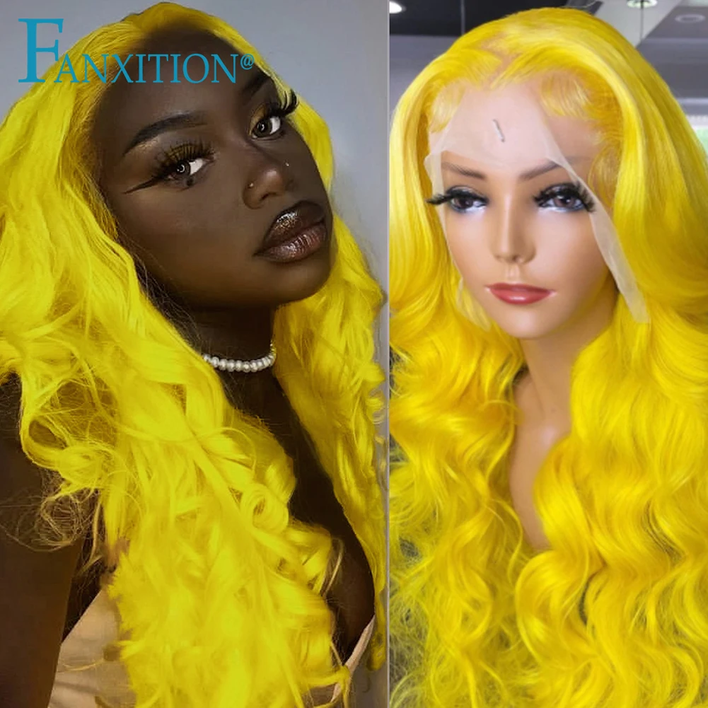 

FANXITION Long Synthetic Lace Front Wig Pre Plucked Yellow Color Body Wave Wigs Pelucas De Mujer Cosplay Wigs For Black Women