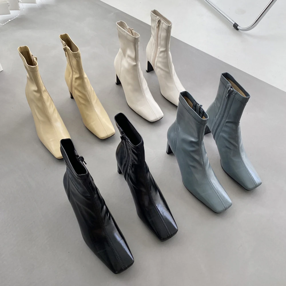

Square Toe Women Ankle Boots Fashion Sock Stretch Shoes Woman 2022 New Arrivals Side Zipper Thick Mid Heels Black Yellow Blue