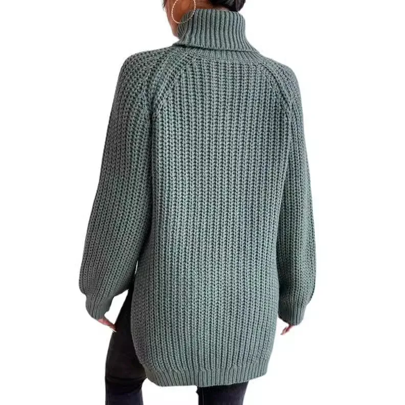Фото 2024 Autumn Winter Clothes Women New Knitted Sweater Medium and Long Solid High Lapel Neck Split Sweater Pullover Dress Women №2