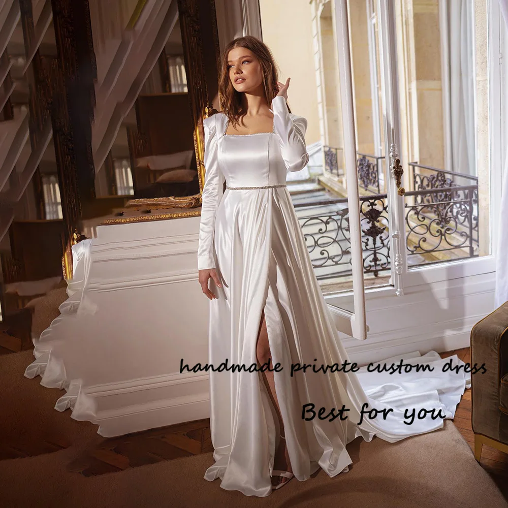 

White A Line Wedding Dresses Draped Satin Side Split Elegant Bridesmaid Dress Long Sleeve Woman Wedding Party Gowns