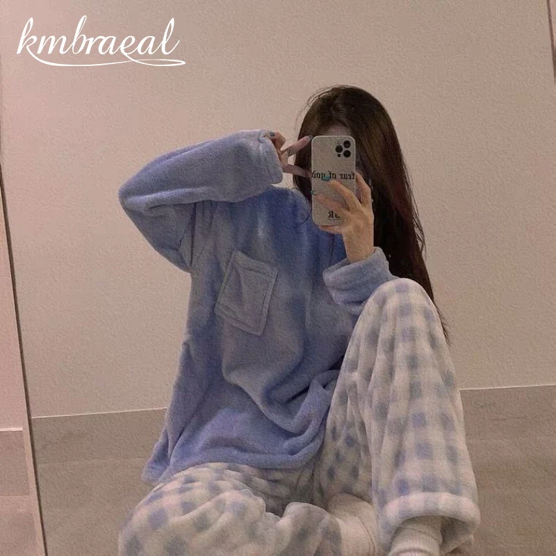 

Kmbraeal Velvet Pajama Woman Winter Korean Style Plaid Pants Flannel Two Piece Home Clothes Pyjamas Trouser Suits Sleepwear 2xl