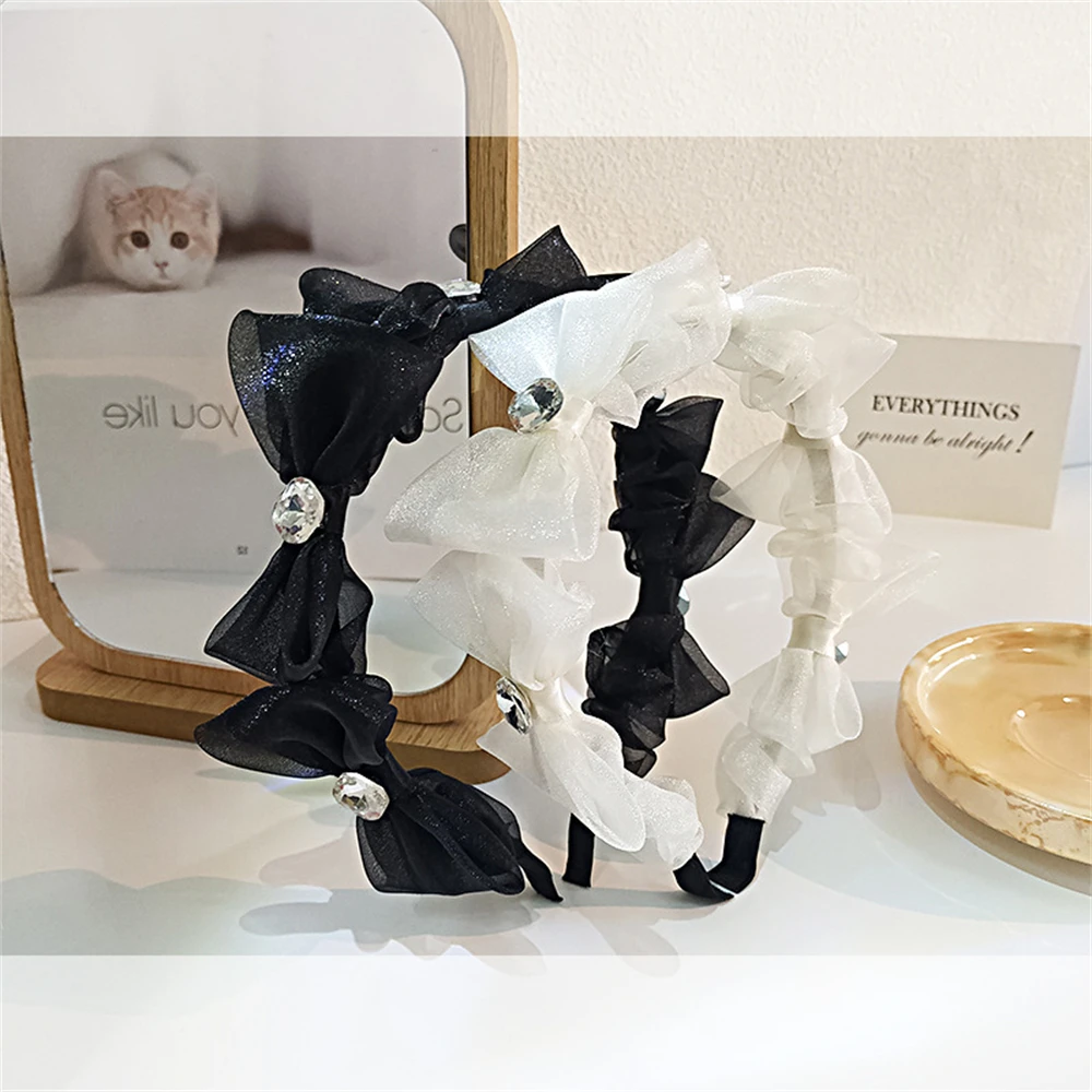 

Women Mesh Yarn Bow Headband Water Diamond Hairband Outdoor Yoga Bangs Makeup Fragmented Hair Headwear Hair Accessories For Girl