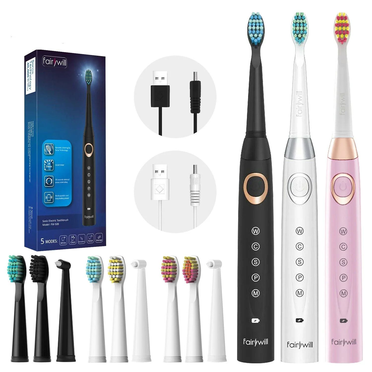 

Sonic Electric Toothbrush FW-508 USB Charge Rechargeable IPX7 Waterproof Electronic Tooth 8 Replacement Brush Heads
