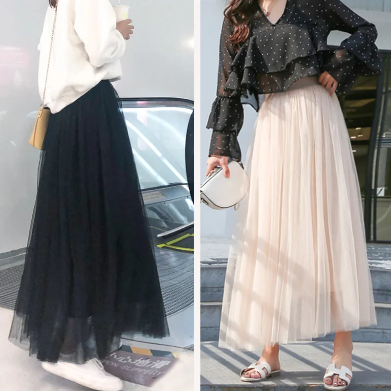 

Женская плиссированная юбка средней длины, Повседневная трехслойная юбка из тюля, с высокой талией, белого и черного цвета, школьная длинная юбка для женщин, лето 2023