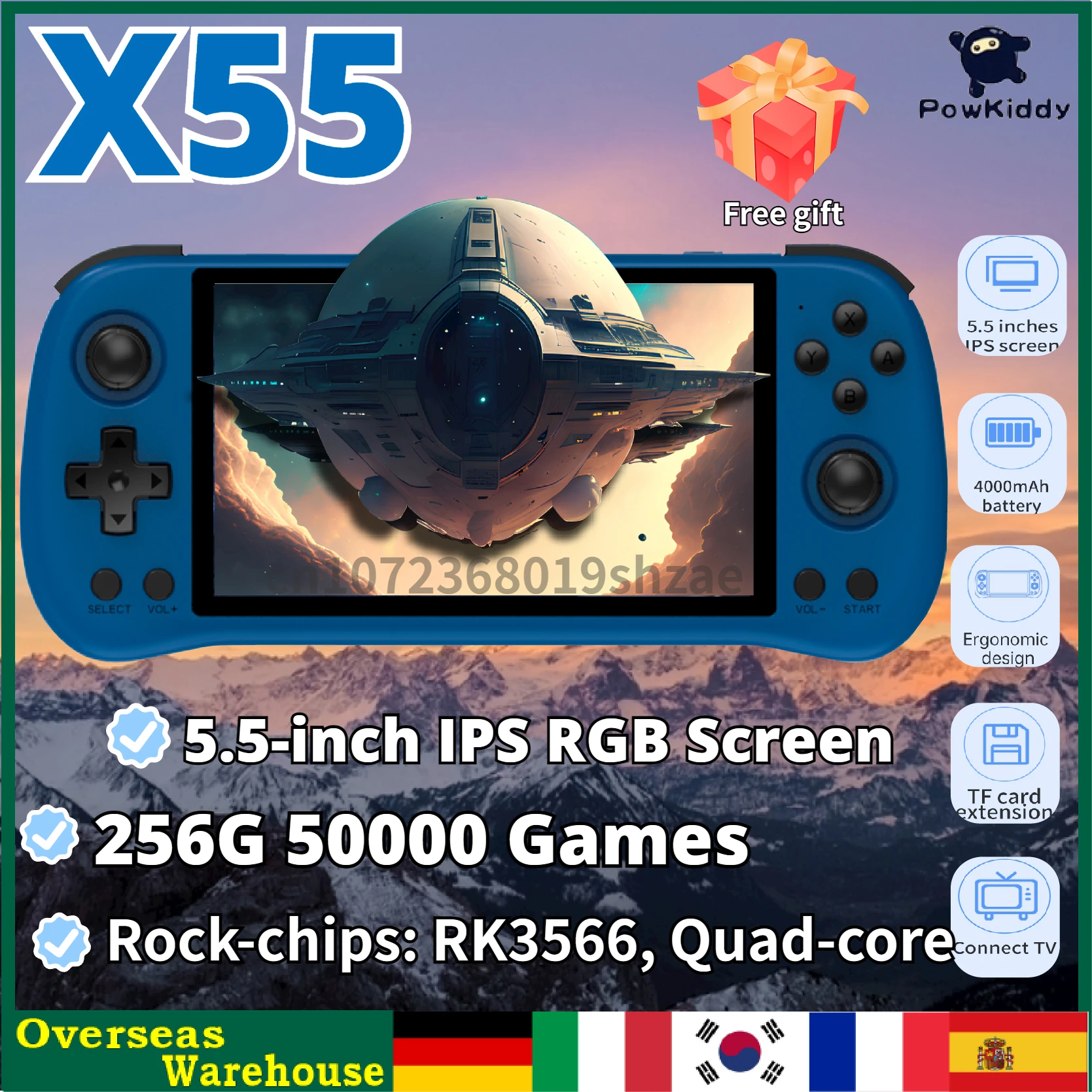 POWKIDDY X55  Retro Handheld Game Console Display 5.5 INCH HD IPS SCREEN Linux Open-Source Handheld Game Console WIFI Connection
