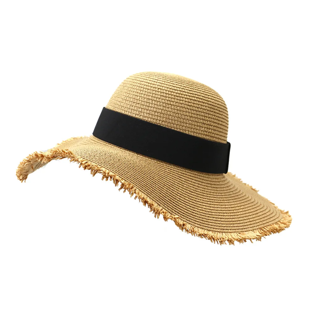 

Straw Hat Women Wide Brim Sun Protection Beach Hat Black White Ribbon Belt Straw Cap Casual Ladies Flat Top Panama Hat