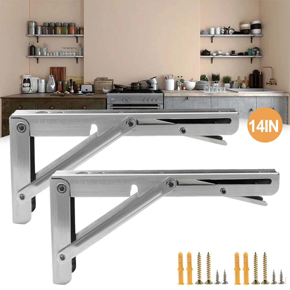 

2pcs Stainless Steel Folding Bracket Triangle Shelf Wall Right Angle Tripod Bracket Collapsible Storage Rack 10/12/14Inch