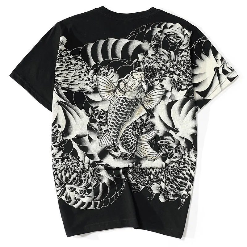 

Harajuku Japanese T Shirt Wave Carp Fish Flower Embroidery Black Streetwear 100% Cotton Hip Hop Print T-Shirts