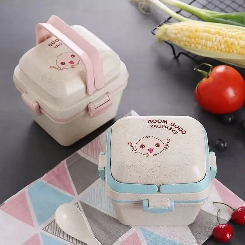 

2 Layer Japanese Lunch Box for Kids Women Portable Sealed Food Storage Container Wheat Straw with Spoon Microwavable Bento Boxes
