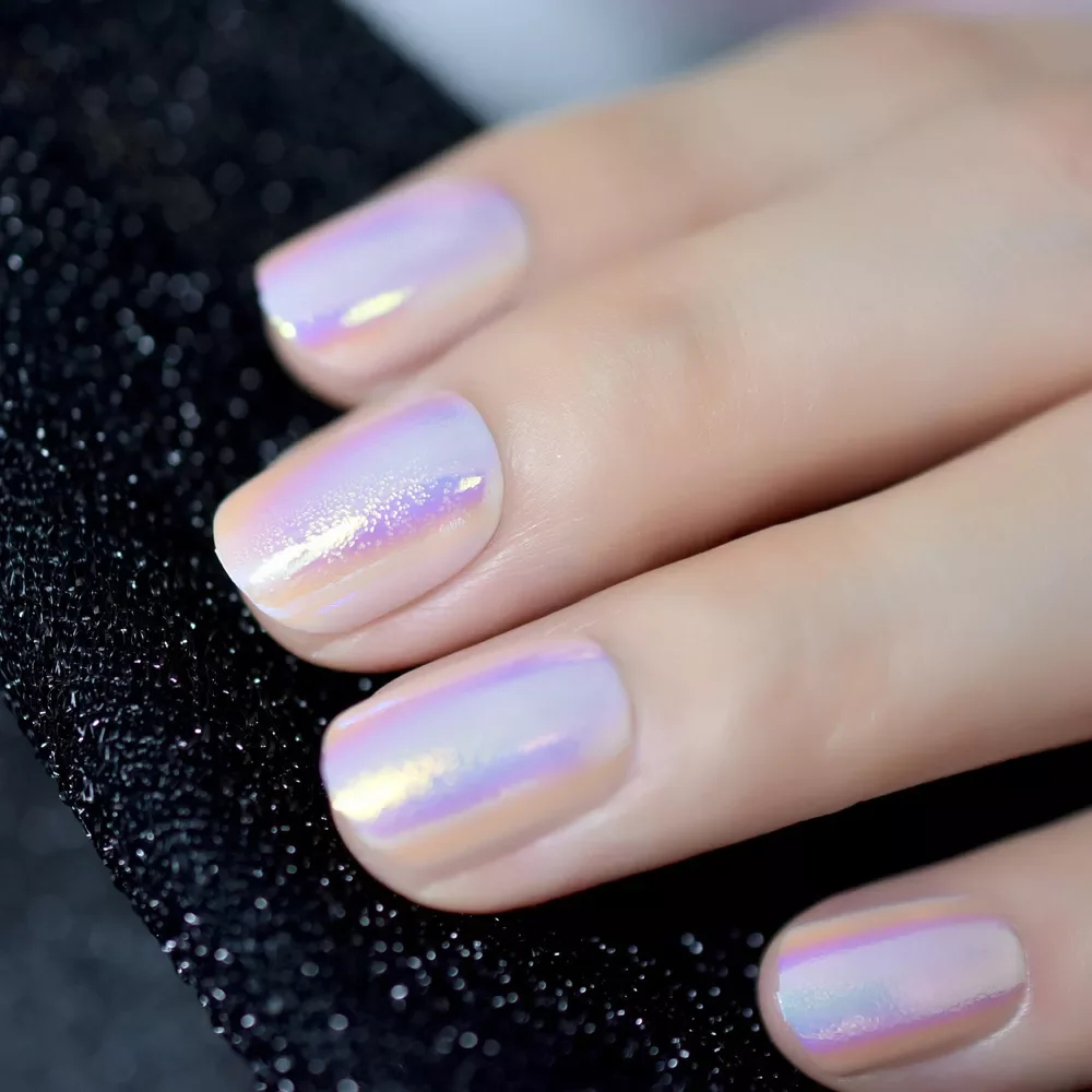 

NEW IN Color Holo Chameleon Pink Purple False Nails Abalone Shell Gold Light Short Round Fake Nail Full Cover Finger Tips